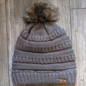 C.C Grey Knit fleece-lined Beanie with Faux Fur Pom